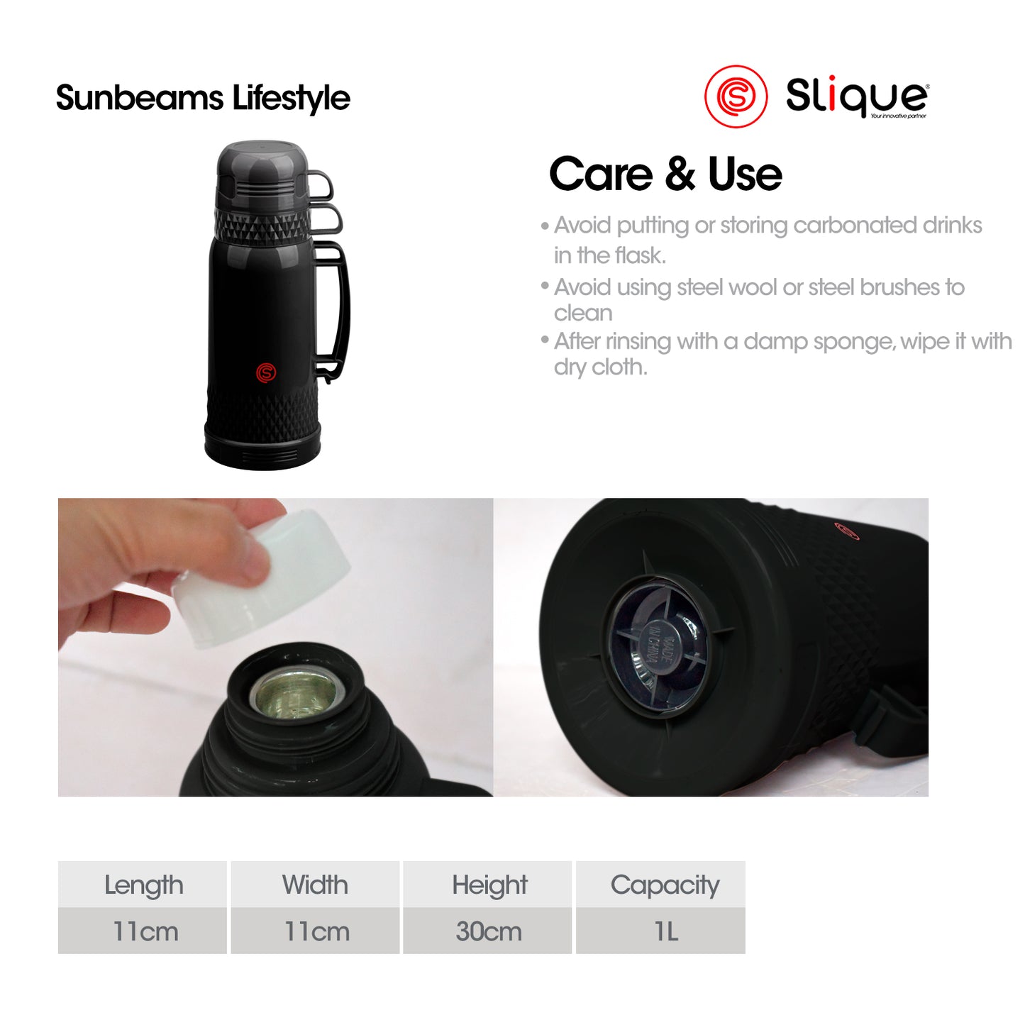 SLIQUE Insulated Vacuum Flask w/ 2 Cups 1L/1.8L