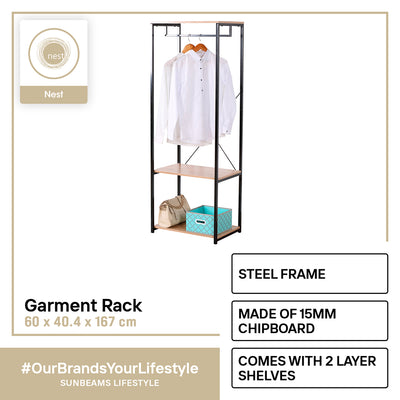 NEST DESIGN LAB Garment Clothes Hanging Rack w/ top shelf & 3-Tier Shoes/Clothing/Storage Wooden Shelves Amazing Gift Idea For Any Occasion!