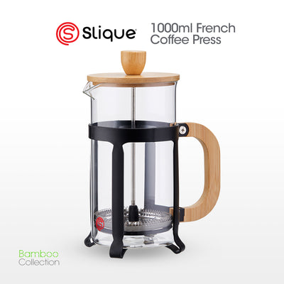 SLIQUE French Coffee Press Boroscilicate Glass Bamboo Handle & Lid