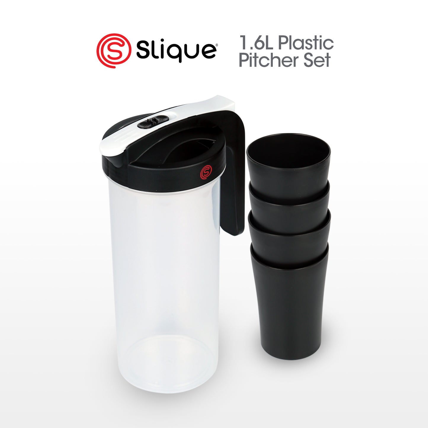 SLIQUE Premium Pitcher 1600 ml | 1.6 L w/ Lock & 4 Plastic Tumblers Set