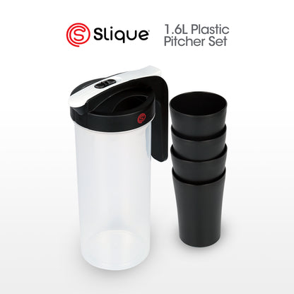 SLIQUE Premium Pitcher 1600 ml | 1.6 L w/ Lock & 4 Plastic Tumblers Set
