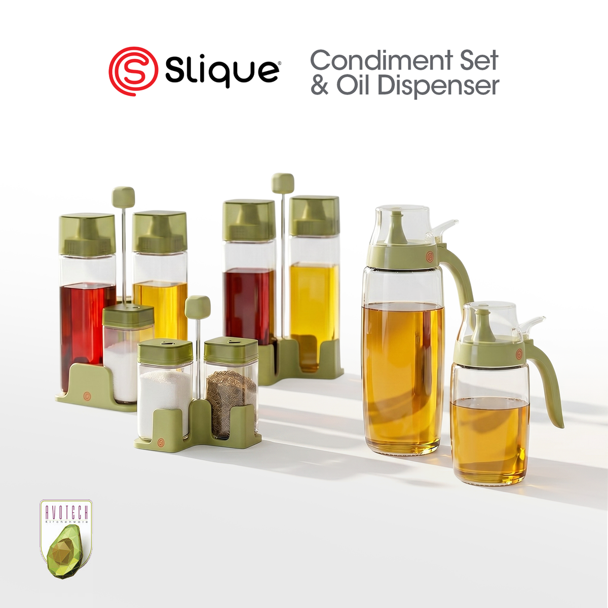 Slique AVOTECH Condiment Set Collection Oil Dispenser Spice Jars Salt & Pepper Set Kitchen Organizer