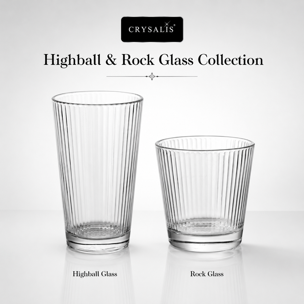Crysalis Essence Glassware Collection Highball Rock Glass Soda-Lime Drinking Glass - Ribbed Design