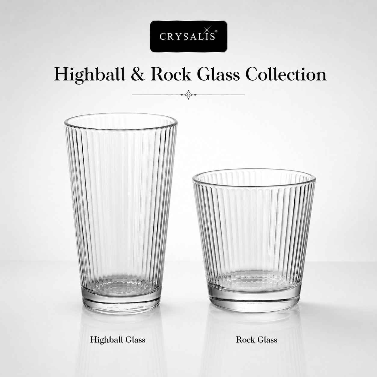 Crysalis Essence Glassware Collection Highball Rock Glass Soda-Lime Drinking Glass - Ribbed Design