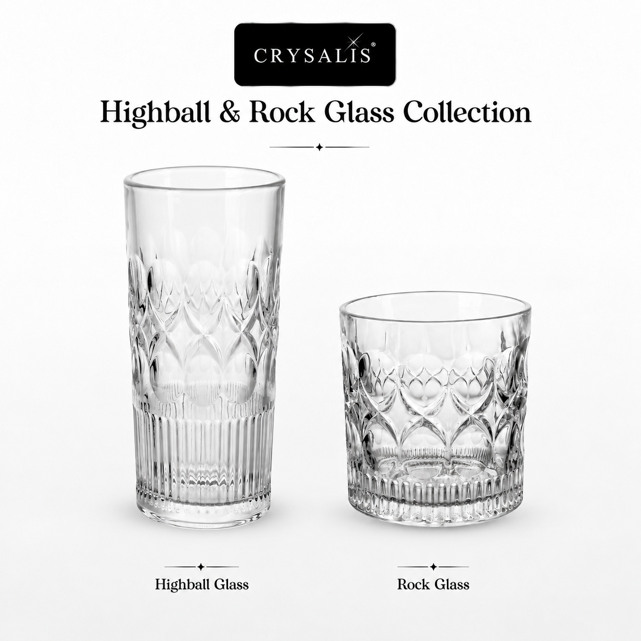 Crysalis Essence Glassware Collection Highball Rock Glass Soda-Lime Drinking Glass - Ribbed Diamond Design