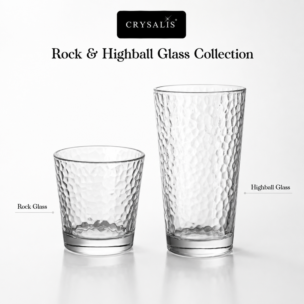 Crysalis Essence Glassware Collection Highball Rock Glass Soda-Lime Drinking Glass - Hammered Design