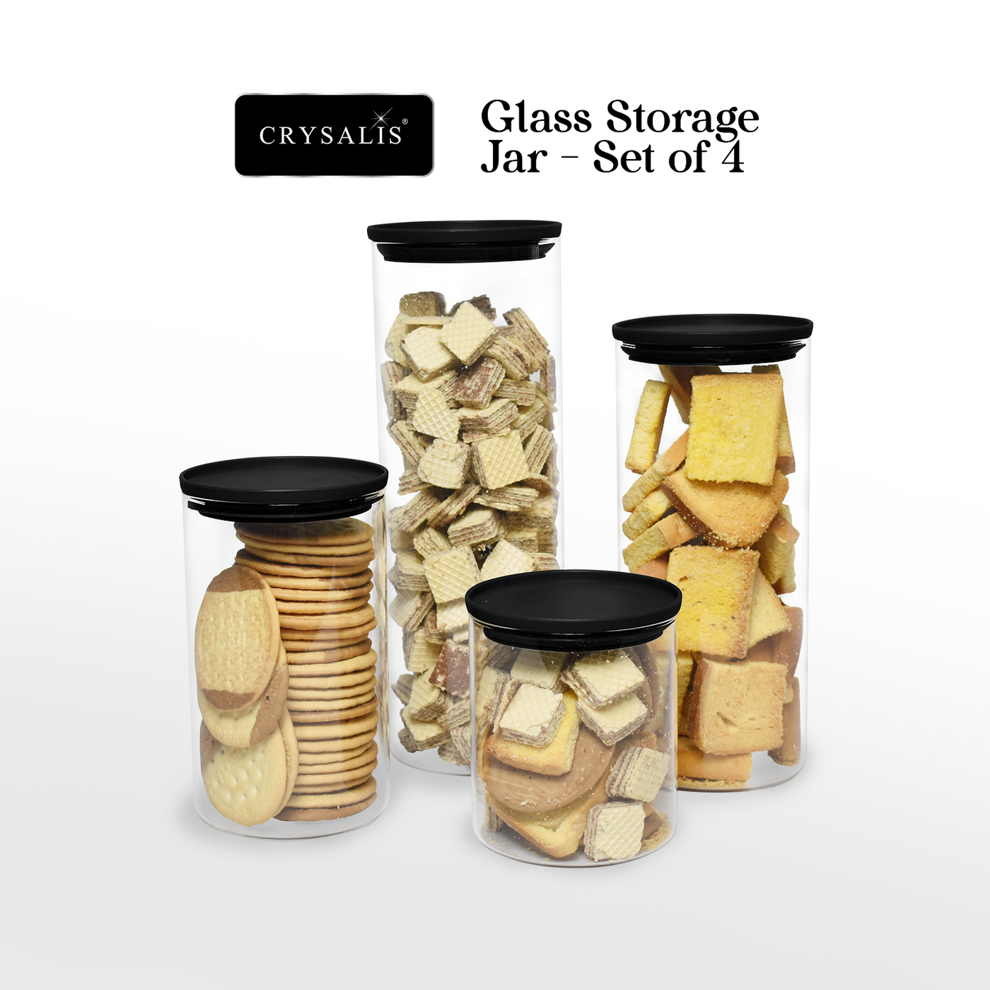 CRYSALIS Premium Glass Storage Jar [Set of 4] 1700 ml | 1300 ml | 950 ml | 650ml