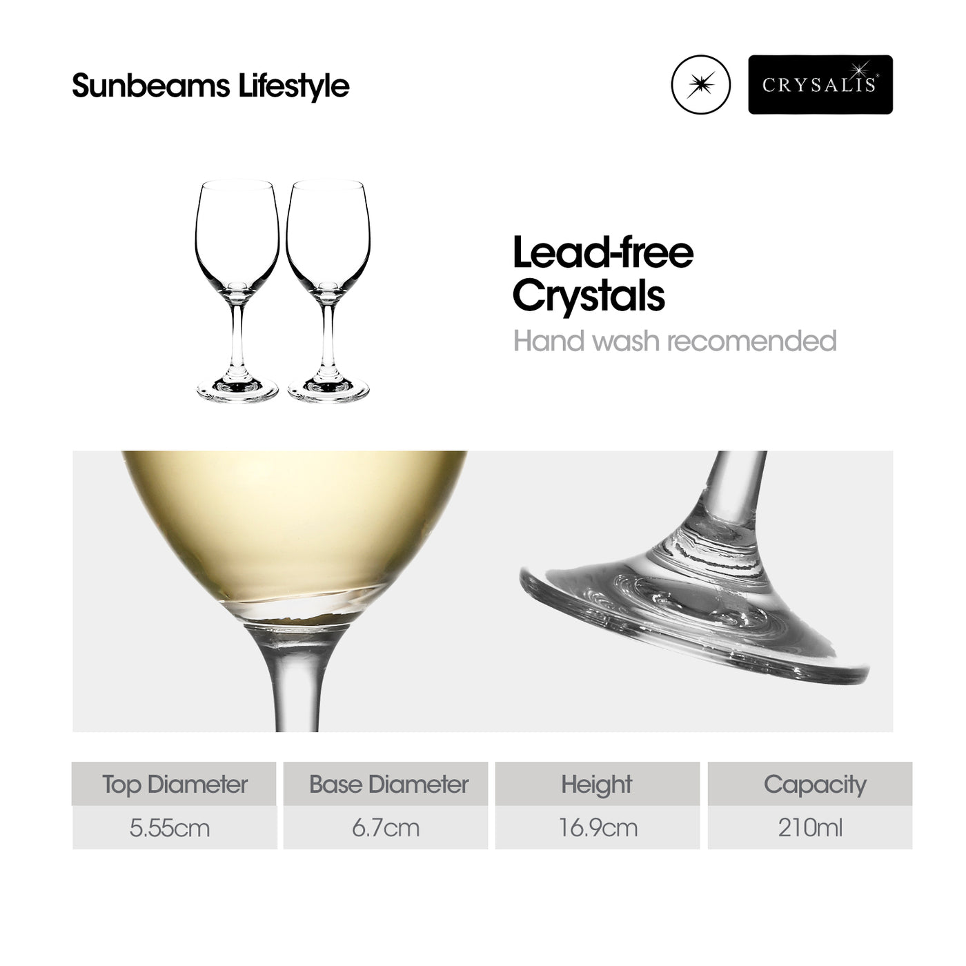 CRYSALIS Premium Crystal White Wine Glass [Set of 2] Stemware Cocktail Glass 210ml