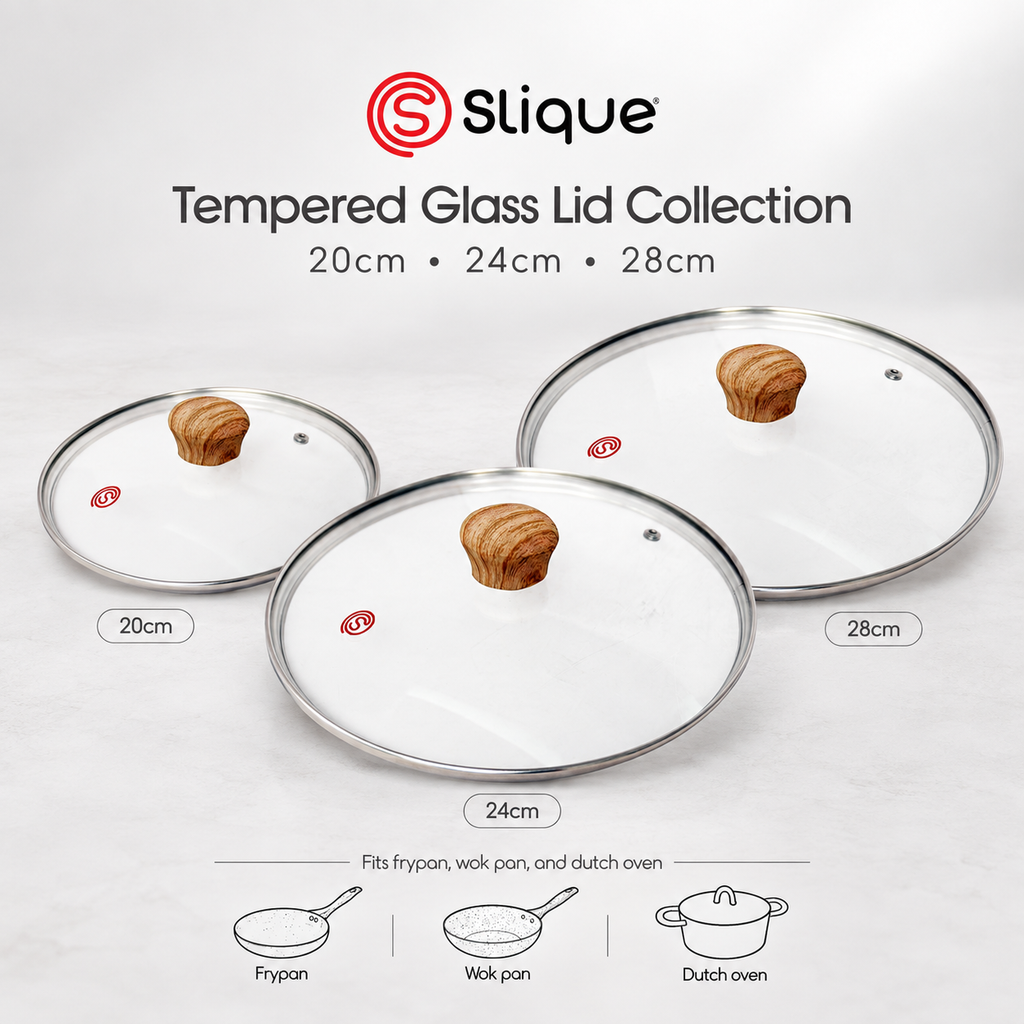Slique Tempered Glass Lid for Frying Pan Wok Pot Saucepan 20cm 24cm 28cm Cookware Replacement Cover