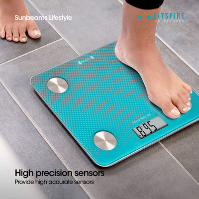 Fitspire Digital Fitness Body Weighing Scale Tempered Glass 30x26.5x2cm - Turquoise - High Precission Compatible for IOS & Android