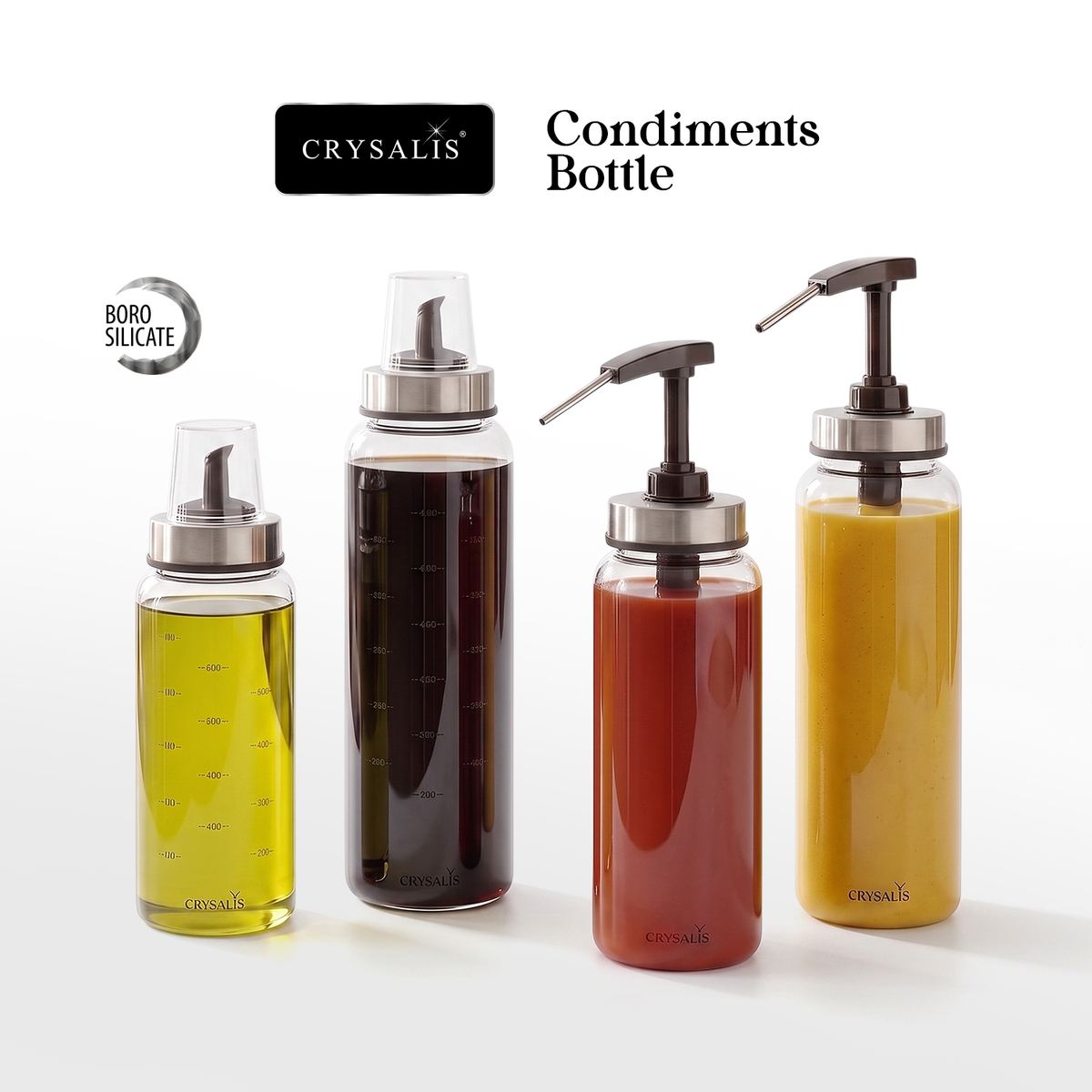 CRYSALIS Borosilicate Condiments Bottle (Sauce Dispenser, Oil & Vinegar) with Premium Durable Features