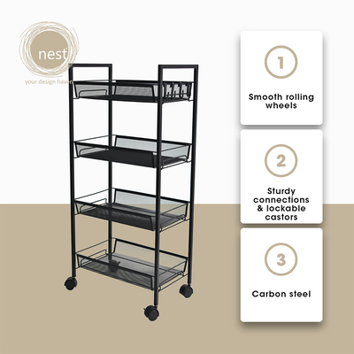 NEST DESIGN LAB 4 Multi-Tier Narrow Kitchen Storage Trolley Cart Durable Amazing Gift Idea For Any Occasion!
