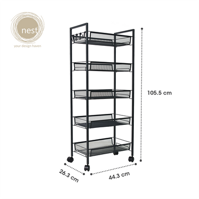NEST DESIGN LAB 5 Multi-Tier Narrow Kitchen Storage Trolley Cart (Black)