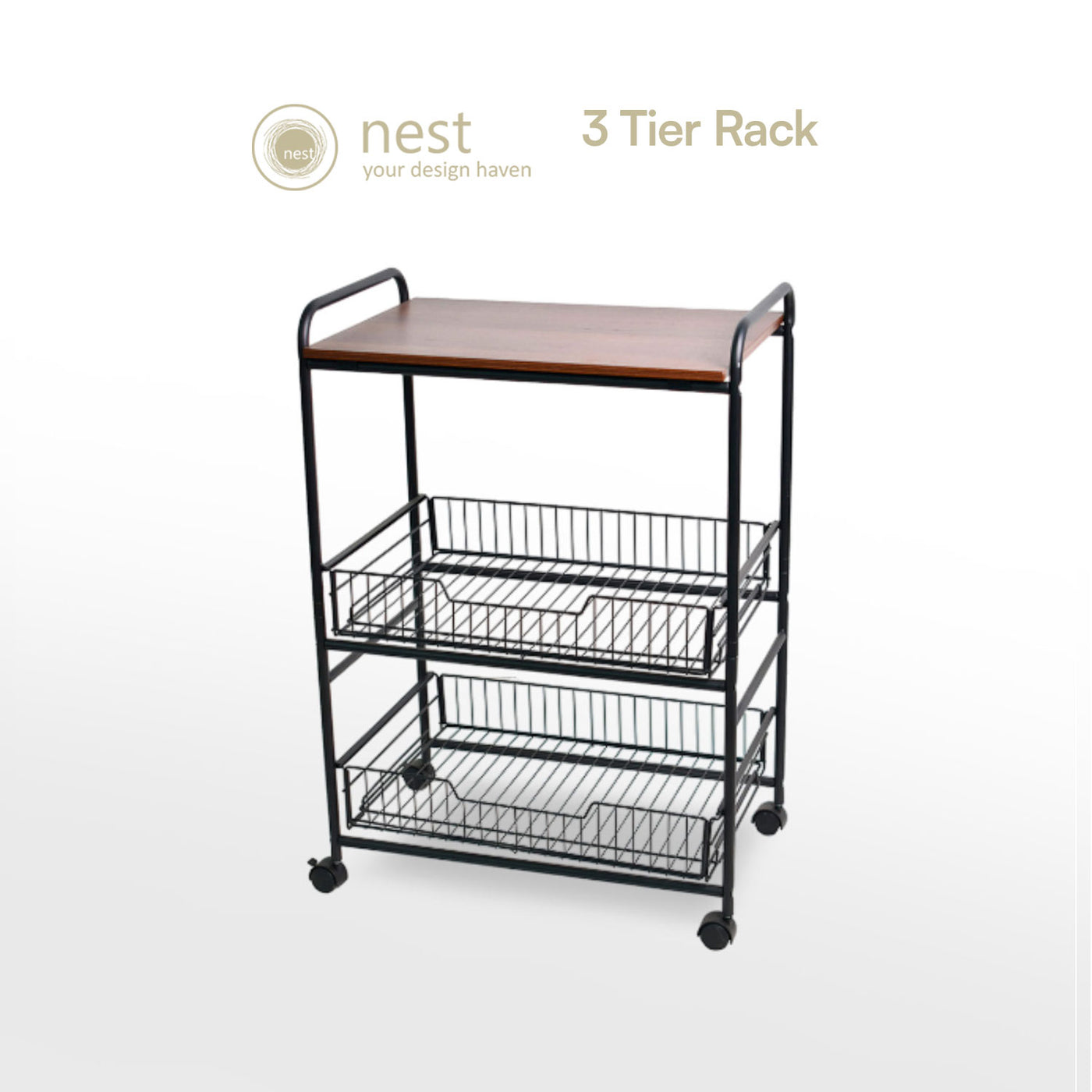 NEST DESIGN LAB Premium Kitchen Basket Rack 3 tier with Wheels