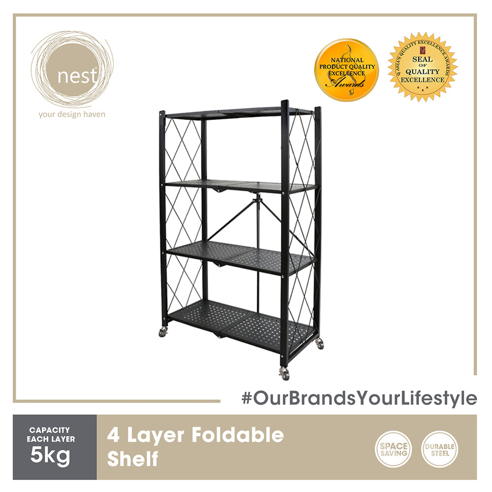 NEST DESIGN LAB 4 Layer Foldable Shelf Carbon Steel 71x39x126cm Premium | Heavy duty | Durable | Amazing Gift Idea For Any Occasion!