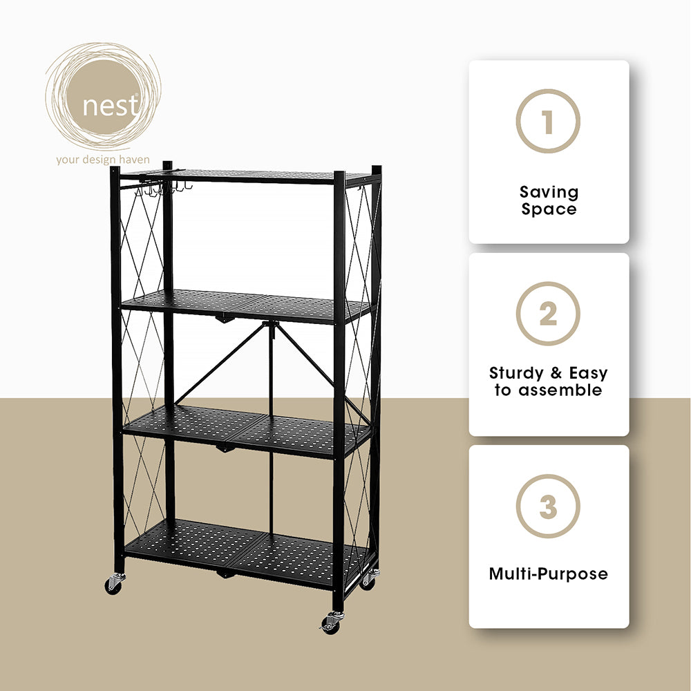 NEST DESIGN LAB 4 Layer Foldable Shelf Carbon Steel 71x39x126cm Premium | Heavy duty | Durable | Amazing Gift Idea For Any Occasion!