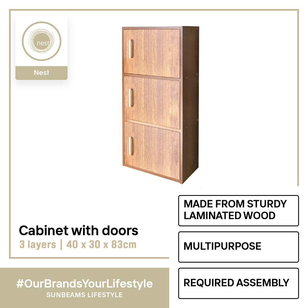 NEST DESIGN LAB Premium 3L Layer Cabinet w/ Door Multi-Purpose Cabinet Modern Italian Design Amazing Gift Idea For Any Occasion! (Walnut)