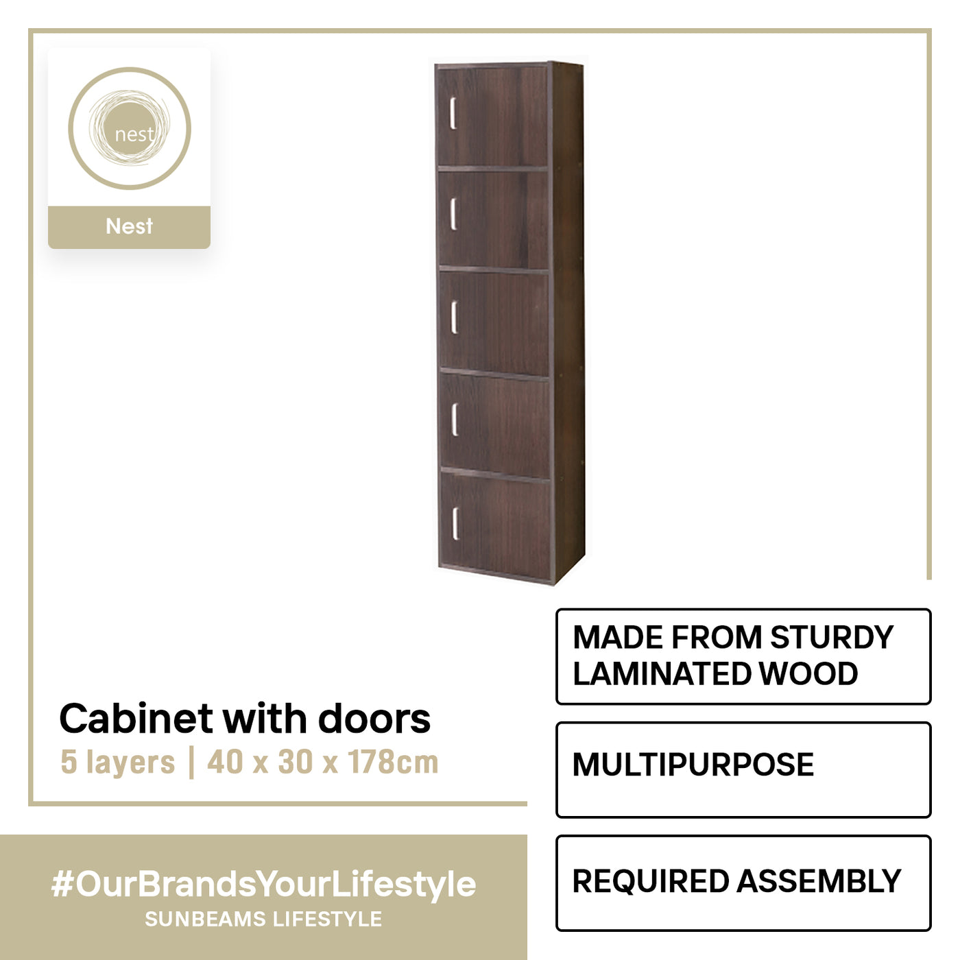 NEST DESIGN LAB Premium 5 Layer Cabinet w/ Door Multi-Purpose Modern Italian Design Amazing Gift Idea For Any Occasion! (Wenge)