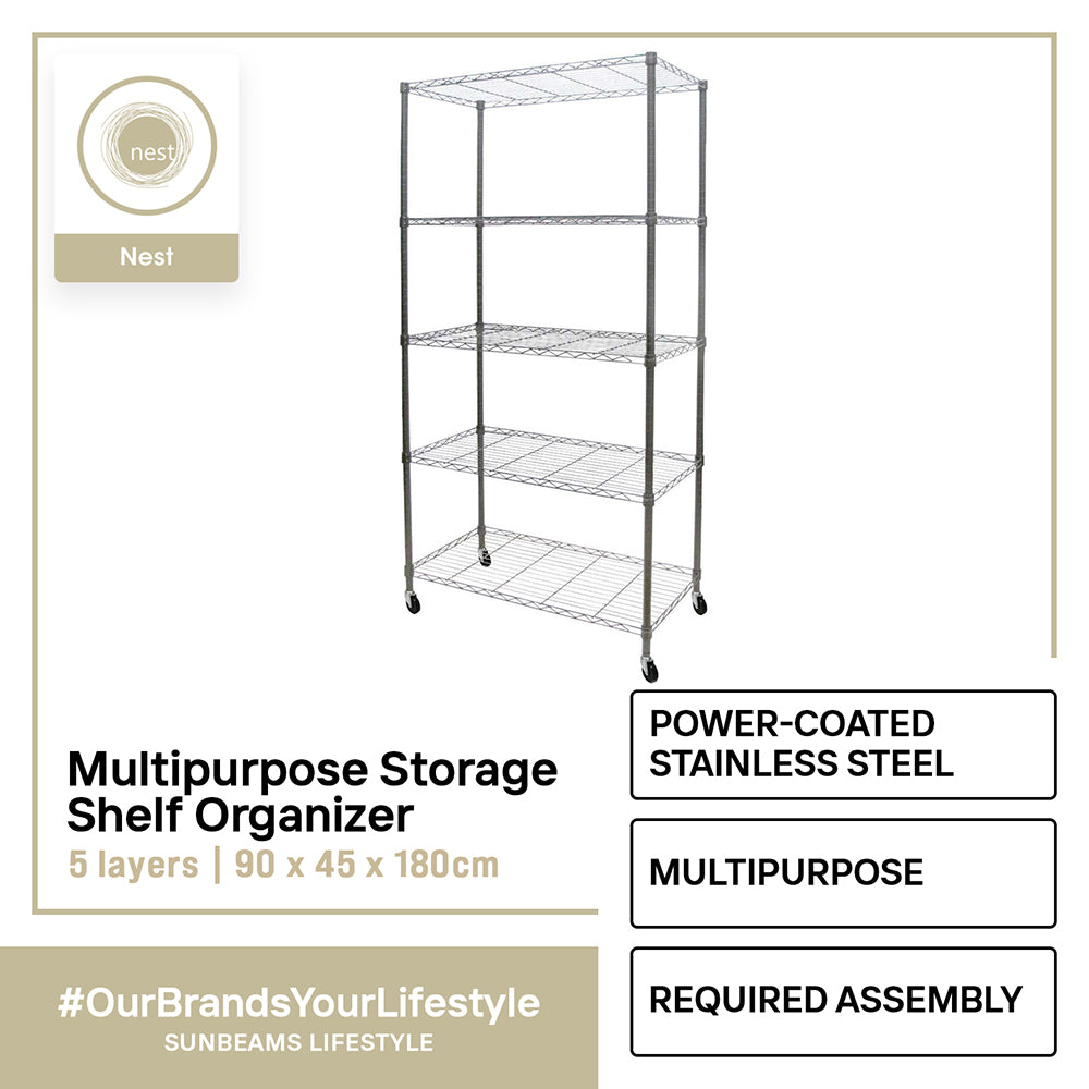 NEST DESIGN LAB Premium SS 5 Layer Multi-Purpose Storage Shelf Kitchen Organizer 90x45x180cm Amazing Gift Idea For Any Occasion!