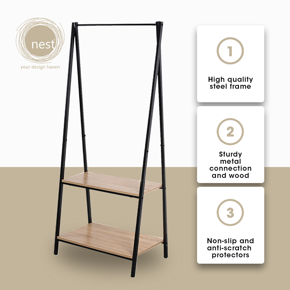 NEST DESIGN LAB Clothes Hanging Rack with Wooden Shelves 64 x 40 x 150cm Condo Living Modern Italian Design Amazing Gift Idea For Any Occasion!