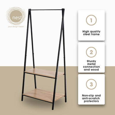 NEST DESIGN LAB Clothes Hanging Rack with Wooden Shelves 64 x 40 x 150cm Condo Living Modern Italian Design Amazing Gift Idea For Any Occasion!