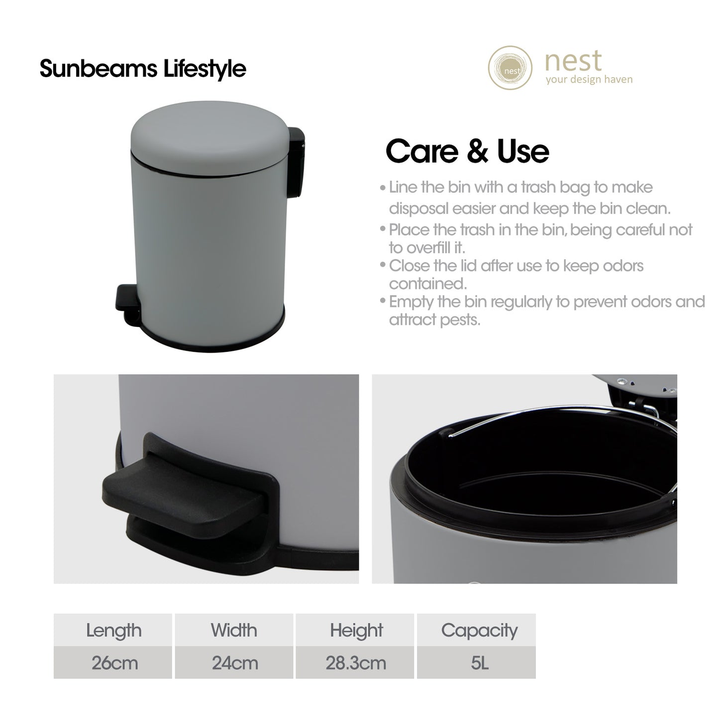 NEST DESIGN LAB Pedal Bin 5L - Premium Metal Soft Close Lid