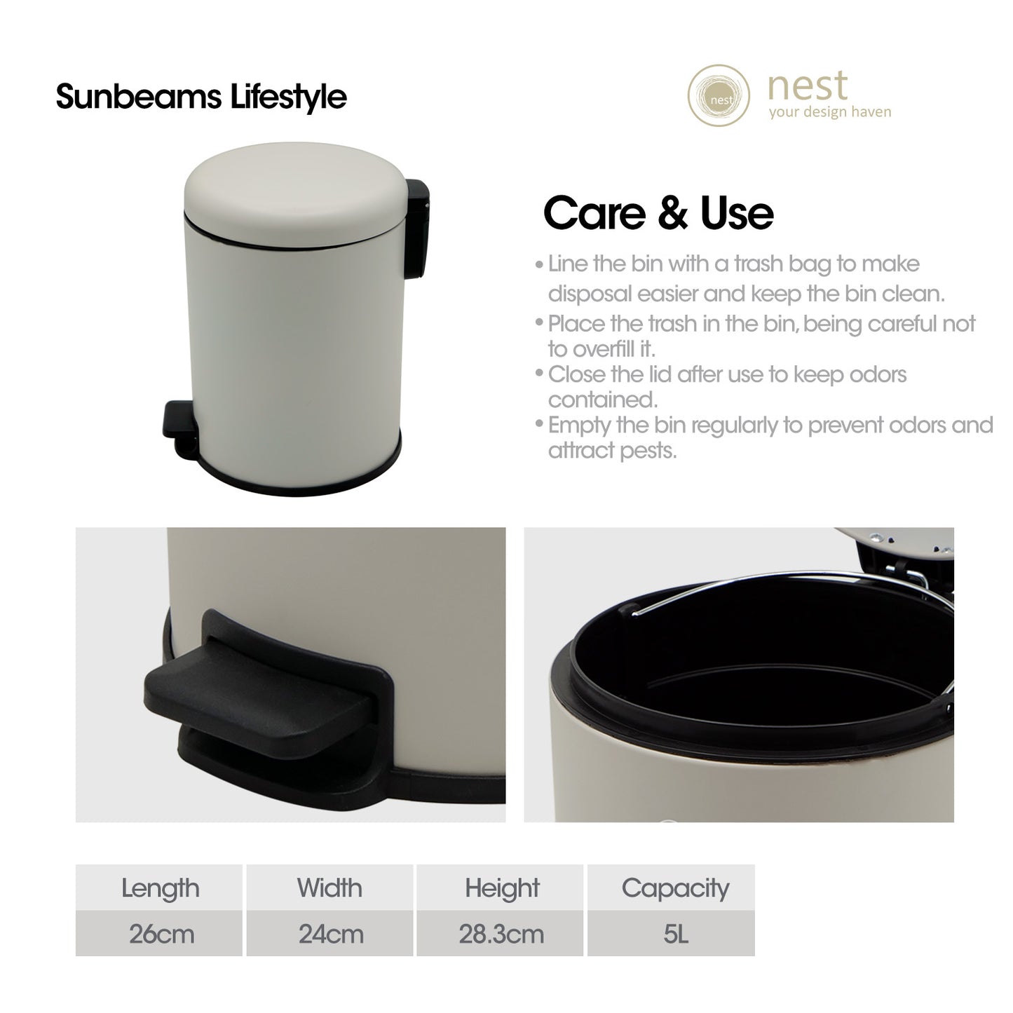 NEST DESIGN LAB Pedal Bin 5L - Premium Metal Soft Close Lid