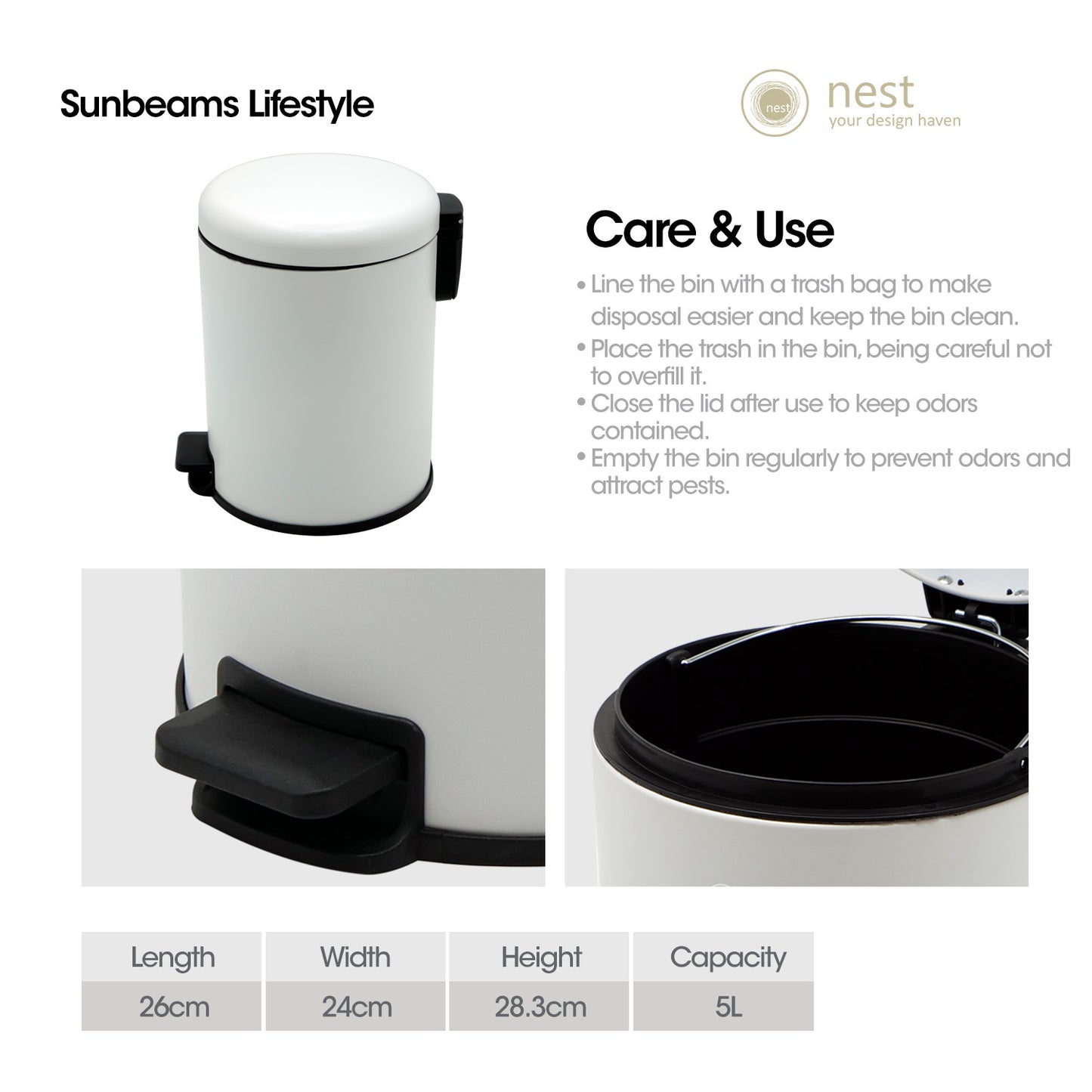 NEST DESIGN LAB Pedal Bin 5L - Premium Metal Soft Close Lid