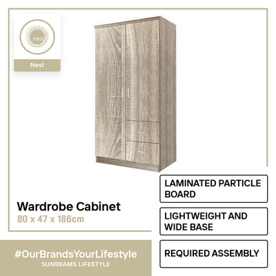 NEST DESIGN LAB Premium Wardrobe 2 Doors & 2 Drawers Modern Italian Design Amazing Gift Idea For Any Occasion! (Ashwood)