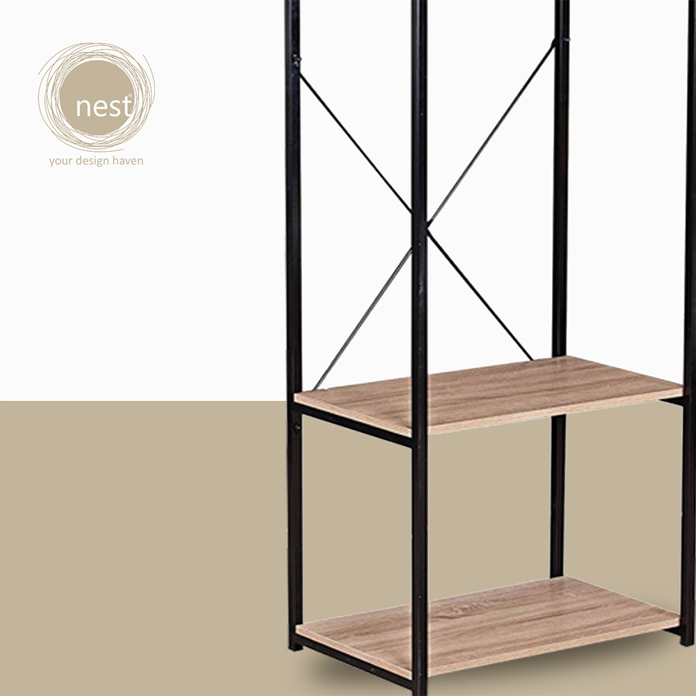 NEST DESIGN LAB Garment Clothes Hanging Rack w/ top shelf & 3-Tier Shoes/Clothing/Storage Wooden Shelves Amazing Gift Idea For Any Occasion!