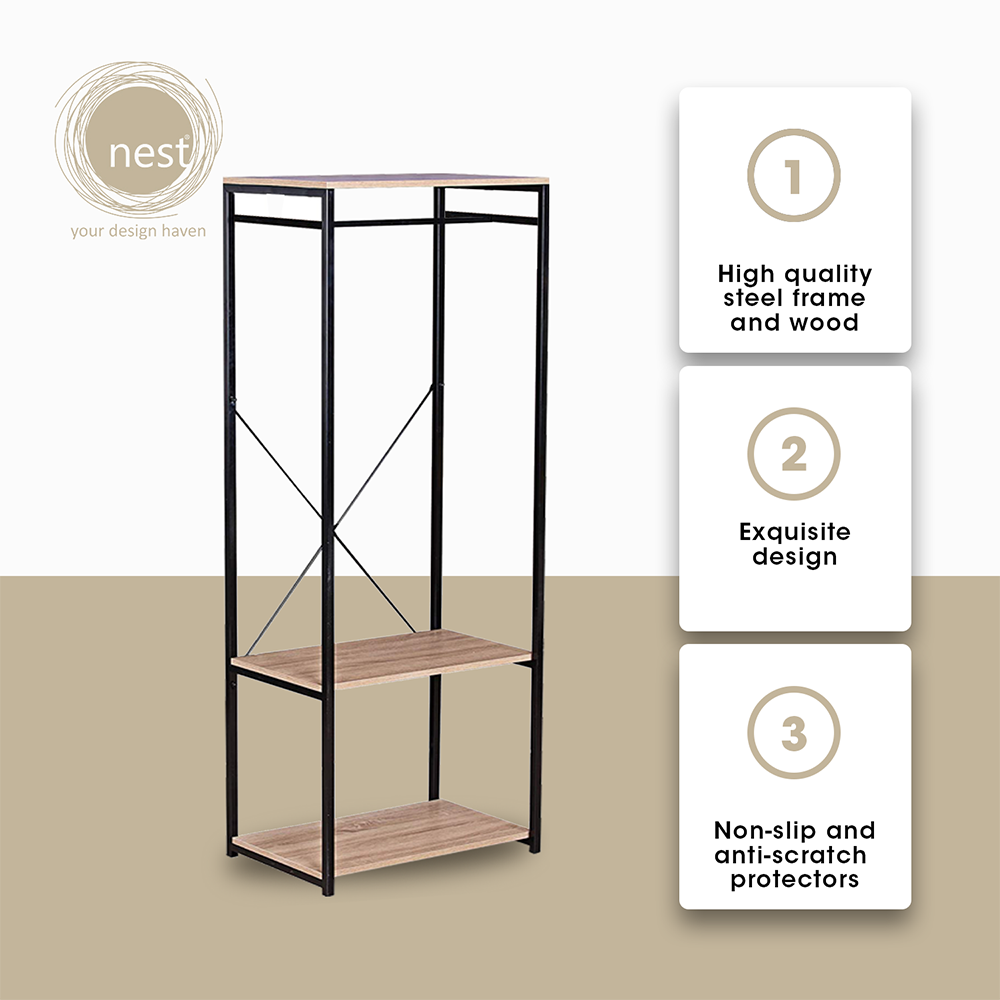 NEST DESIGN LAB Garment Clothes Hanging Rack w/ top shelf & 3-Tier Shoes/Clothing/Storage Wooden Shelves Amazing Gift Idea For Any Occasion!