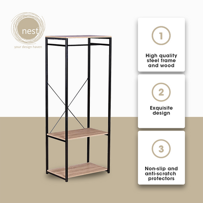 NEST DESIGN LAB Garment Clothes Hanging Rack w/ top shelf & 3-Tier Shoes/Clothing/Storage Wooden Shelves Amazing Gift Idea For Any Occasion!