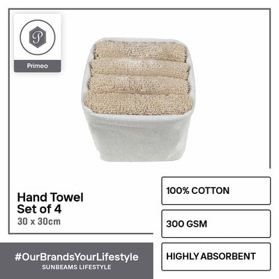 PRIMEO Premium 100% Cotton Hand Towel w/ Basket 300gsm Soft High Absorbent 13x13" Set of 4 Amazing Gift Idea For Any Occasion!