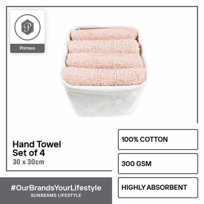 PRIMEO Premium 100% Cotton Hand Towel w/ Basket 300gsm Soft High Absorbent 13x13" Set of 4 Amazing Gift Idea For Any Occasion!