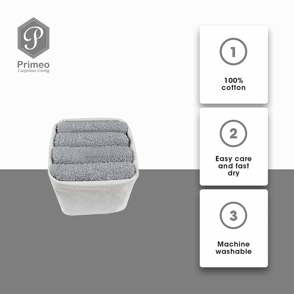 PRIMEO Premium 100% Cotton Hand Towel w/ Basket 300gsm Soft High Absorbent 13x13" Set of 4 Amazing Gift Idea For Any Occasion!