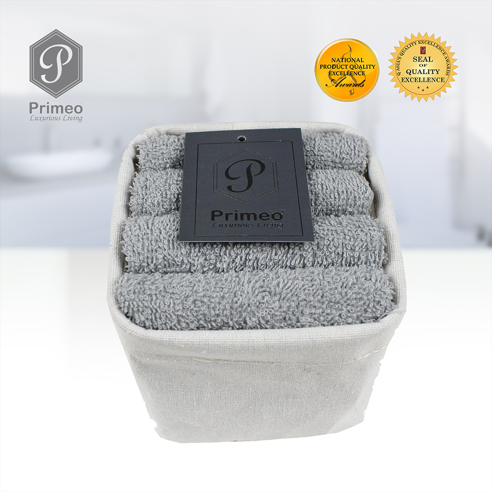 PRIMEO Premium 100% Cotton Hand Towel w/ Basket 300gsm Soft High Absorbent 13x13" Set of 4 Amazing Gift Idea For Any Occasion!