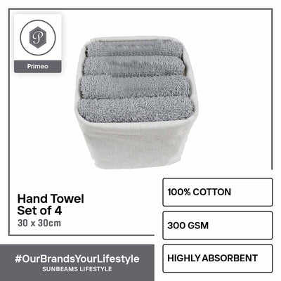 PRIMEO Premium 100% Cotton Hand Towel w/ Basket 300gsm Soft High Absorbent 13x13" Set of 4 Amazing Gift Idea For Any Occasion!