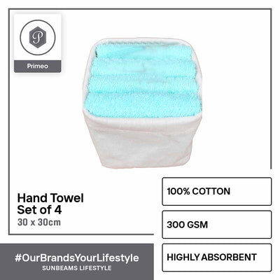 PRIMEO Premium 100% Cotton Hand Towel w/ Basket 300gsm Soft High Absorbent 13x13" Set of 4 Amazing Gift Idea For Any Occasion!