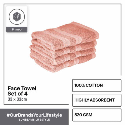PRIMEO Premium 100% Cotton Face Towel 520gsm Soft High Absorbent Set of 4 Modern Italian Design Amazing Gift Idea For Any Occasion!