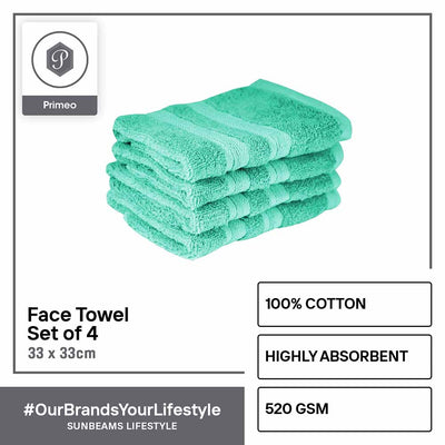 PRIMEO Premium 100% Cotton Face Towel 520gsm Soft High Absorbent Set of 4 Modern Italian Design Amazing Gift Idea For Any Occasion!