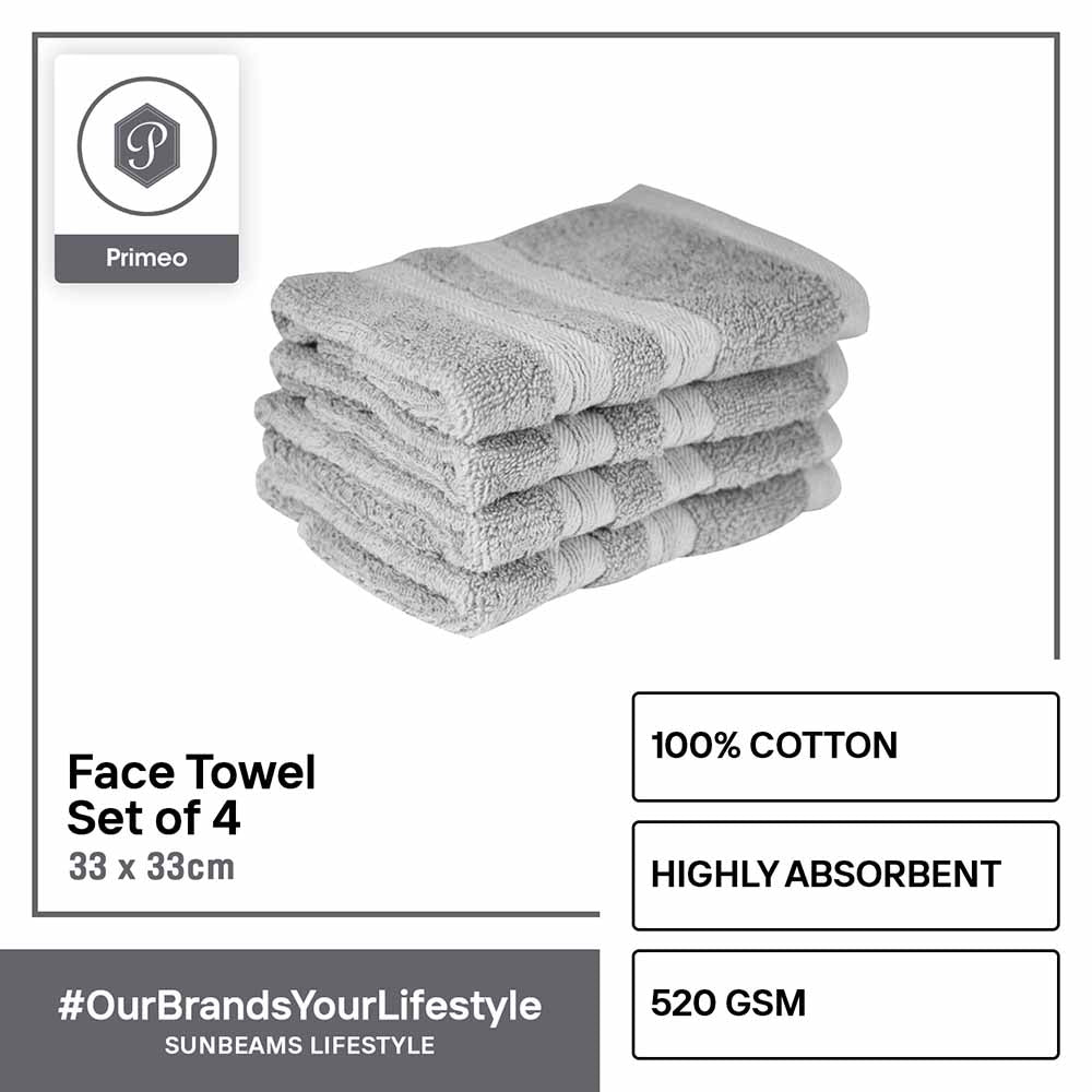 PRIMEO Premium 100% Cotton Face Towel 520gsm Soft High Absorbent Set of 4 Modern Italian Design Amazing Gift Idea For Any Occasion!