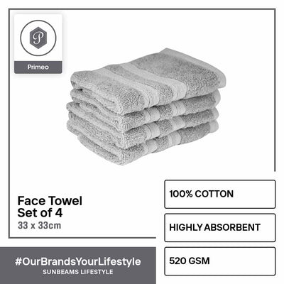 PRIMEO Premium 100% Cotton Face Towel 520gsm Soft High Absorbent Set of 4 Modern Italian Design Amazing Gift Idea For Any Occasion!