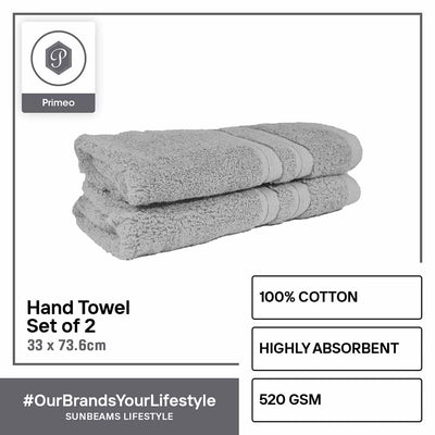PRIMEO Premium 100% Cotton Hand Towel 520gsm Soft High Absorbent Set of 2 Modern Italian Design Amazing Gift Idea For Any Occasion!