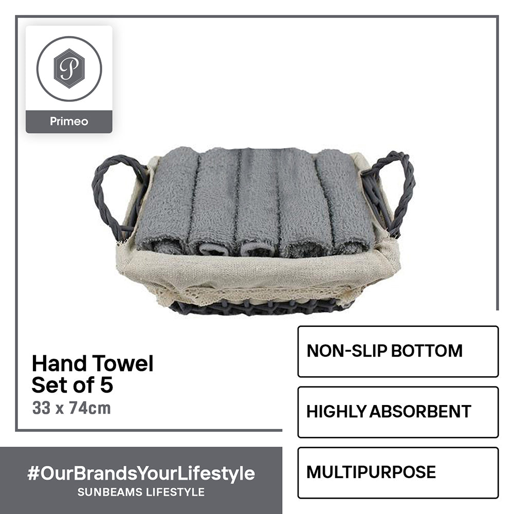 PRIMEO Premium 100%  Cotton Hand Towel Set w/ Basket 300gsm Soft High Absorbent Set of 5 Modern Italian Design Amazing Gift Idea For Any Occasion!