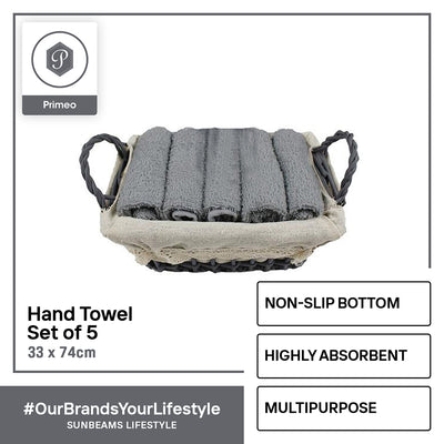 PRIMEO Premium 100%  Cotton Hand Towel Set w/ Basket 300gsm Soft High Absorbent Set of 5 Modern Italian Design Amazing Gift Idea For Any Occasion!