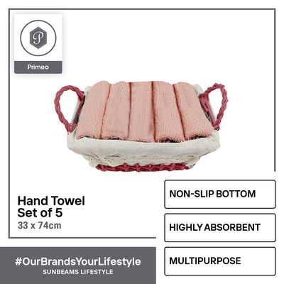 PRIMEO Premium 100%  Cotton Hand Towel Set w/ Basket 300gsm Soft High Absorbent Set of 5 Modern Italian Design Amazing Gift Idea For Any Occasion!