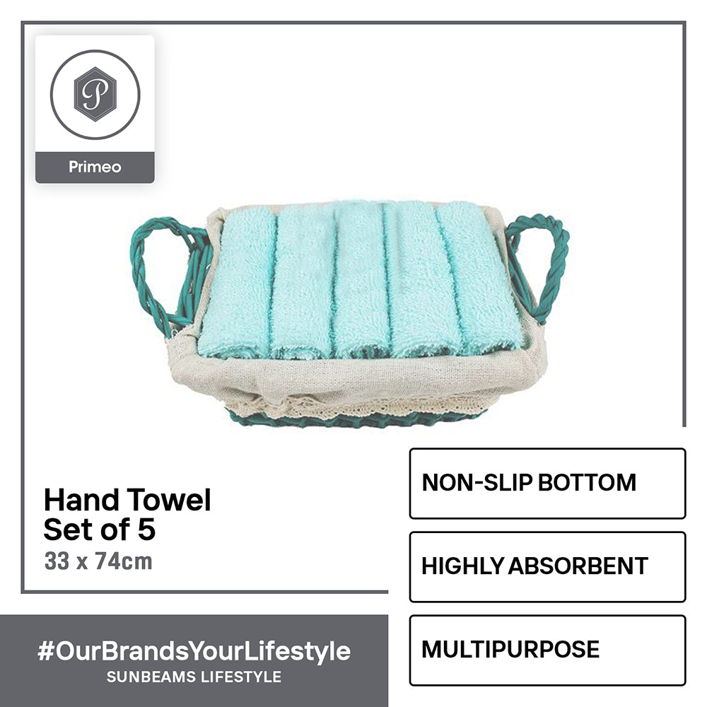 PRIMEO Premium 100%  Cotton Hand Towel Set w/ Basket 300gsm Soft High Absorbent Set of 5 Modern Italian Design Amazing Gift Idea For Any Occasion!