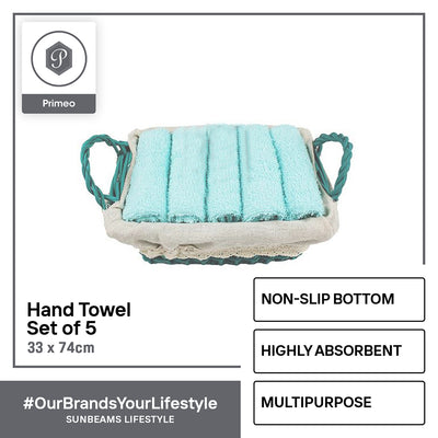 PRIMEO Premium 100%  Cotton Hand Towel Set w/ Basket 300gsm Soft High Absorbent Set of 5 Modern Italian Design Amazing Gift Idea For Any Occasion!
