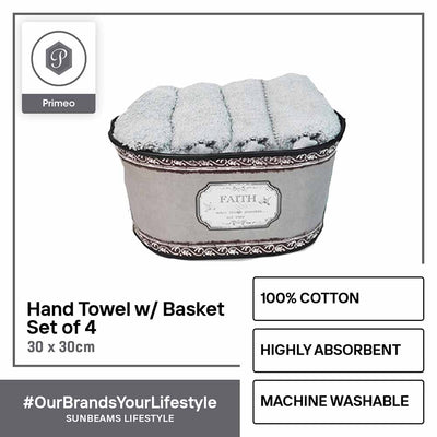 PRIMEO Premium 100% Cotton Hand Towel Set w/ Basket 300gsm Soft High Absorbent Set of 4 Modern Italian Design Amazing Gift Idea For Any Occasion!