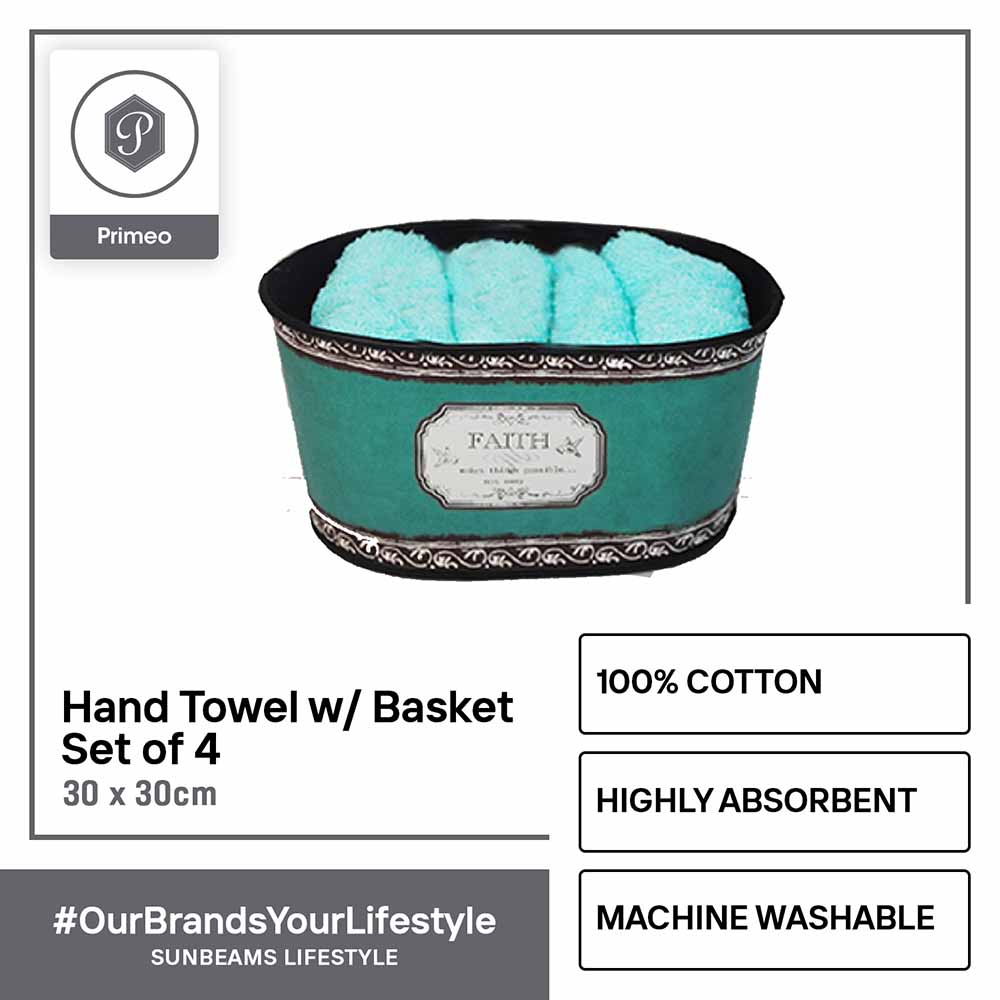 PRIMEO Premium 100% Cotton Hand Towel Set w/ Basket 300gsm Soft High Absorbent Set of 4 Modern Italian Design Amazing Gift Idea For Any Occasion!